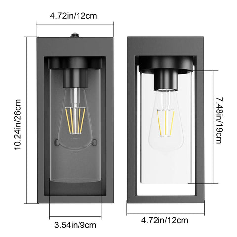 Dusk To Dawn Outdoor Wall Lanterns For Exterior Black Sensor Porch Lights With Clear Glass 2 Pack, dimensions shown