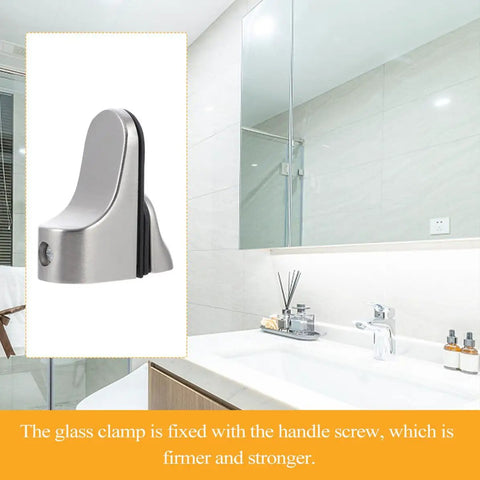 Adjustable Floating Glass Shelf Brackets In Zinc Alloy 4 Pack Wall Mount Clamp Supports shown in bathroom setting