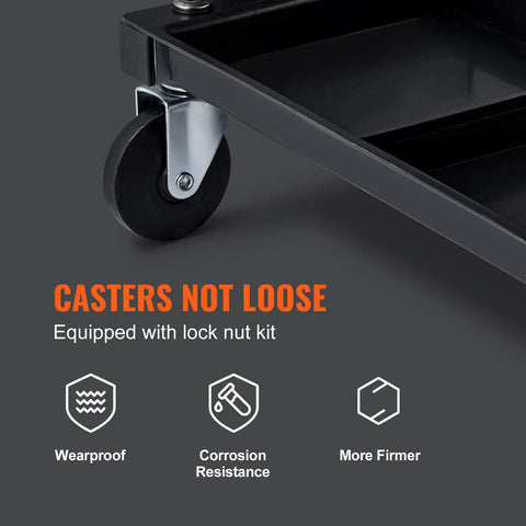 Close-up of the caster on Rolling Creeper Seat For Garage And Shop, Padded Mechanic Stool With Tool Tray Storage, showcasing lock nut kit.
