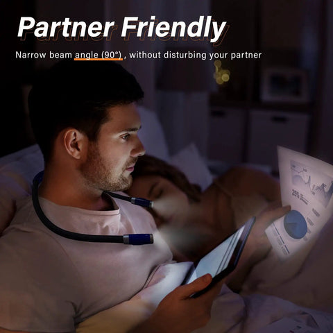 Person using Rechargeable LED Neck Reading Light With 3 Brightness Levels in bed, soft silicone arms, hands-free, partner friendly
