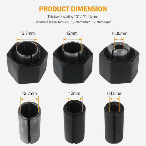 Router Collet Chuck And Nut Reducer Sleeves Set For A Wide Range Of Sizes Pro Grade Direct Replacement Kit dimensions detail view.