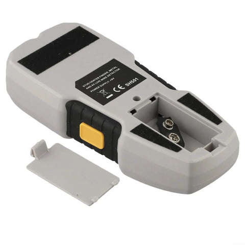 5-in-1 Stud Finder Wall Scanner with LCD Display for Wood Metal Studs AC Wires Pipes Deep Scan up to 3/4 Inch Drywall Silver showing back view with battery compartment.
