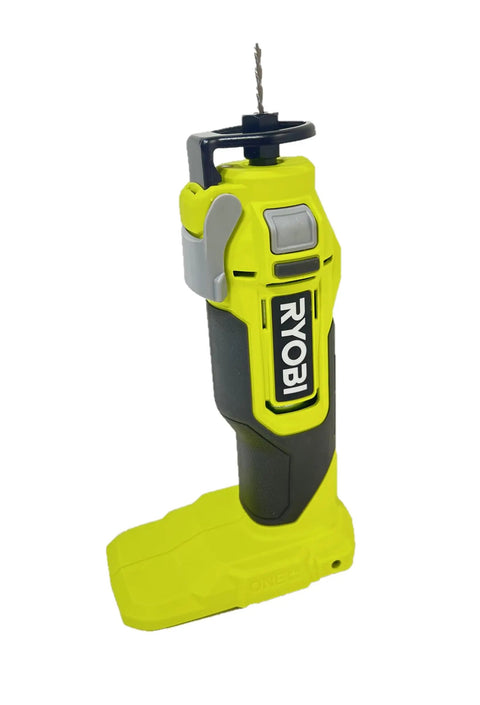 Heavy Duty 18V Cordless Oscillating Multi Tool Kit With Badass 28000 Rpm Motor, Built In Led Work Light, Lock On Switch, Takes Standard Bits, Includes Battery And Charger For Serious Diy Renovation And Woodworking side view of Ryobi cordless tool with drill bit
