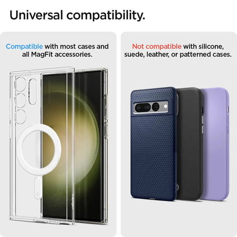 Fits Snug On Any Phone Case, Solid MagSafe Ring Plate Adapter For Wireless Charging showcased with compatible and non-compatible cases.