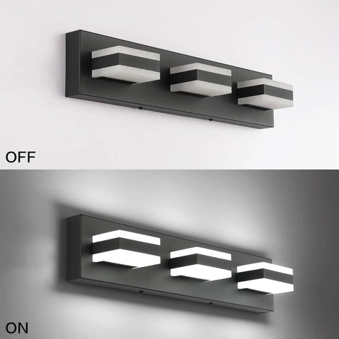 Vanity Light Fixtures Over Mirror LED Dimmable Three Light Bath Light In Black Finish, shown off and on