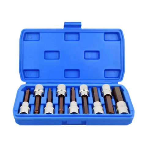 Nine Piece Chrome Alloy Steel Hex Socket Set With Square Drive Featuring Mirror Polish Sockets And Zinc Phosphate Bits in blue case open.