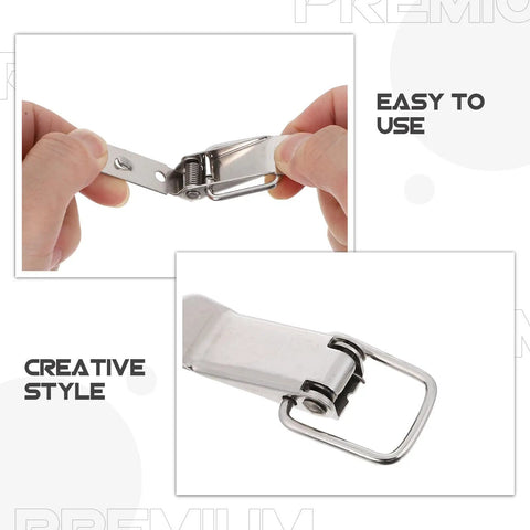 Heavy Duty Stainless Steel Spring Loaded Toggle Latches With Bend Hook For Secure Cabinet Boxes And Heavy Doors No Key Needed 4 Pack Deal, close-up of hand using latch.
