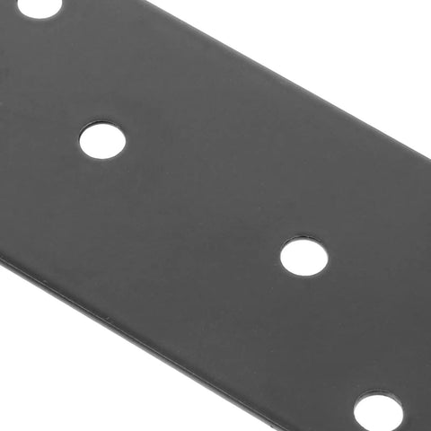 Close-up of Heavy Duty Stainless Steel Straight Brace Brackets Two Pack Flat Furniture Support Plates Black Metal Corner with holes.