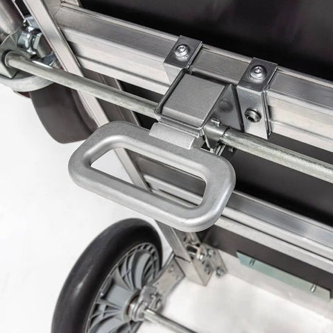Heavy Duty Convertible Hand Truck With Quick Switch Two To Four Wheel Design handle detail, showcasing robust locking mechanism and wheel design.