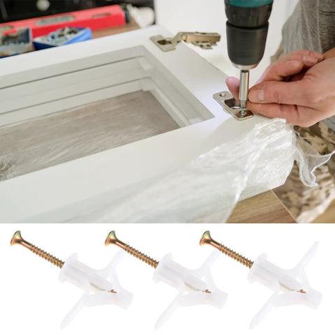 Person using DIY Drywall Anchor Kit With Nylon Expansion Screws M8x38 Aircraft Type Self Tapping For Plasterboard 100 Pack