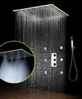 Heavy Duty 20X40 Inch Shower Panel System With Solid Three Knob Thermostatic Mixer And Four Mode Settings Like Rainfall Mist Massage Jets Plus Independent Hand Shower In Classic Antique Brass  with overhead rain and handheld shower.