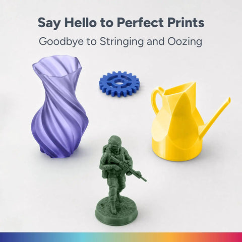 Pro 1.75Mm Petg Filament 10K Bundle with purple vase, yellow watering can, blue gear, and green soldier figure.