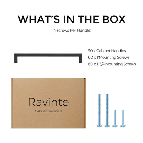 30 Pack Solid Slim Square Drawer Handles For Cabinets, 7 And A Half Inch Center To Center, Matte Black Zinc Alloy Hardware Box