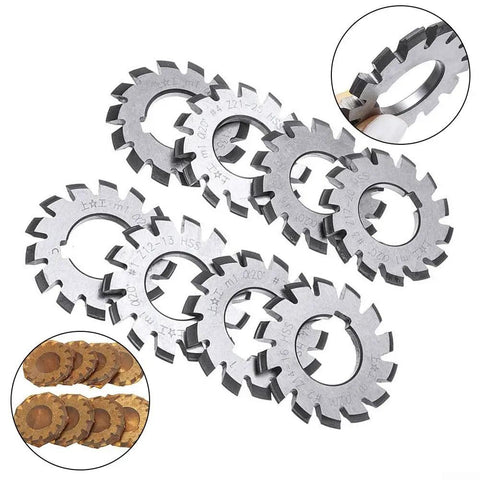 8 Pc Gear Cutter Set In High Speed Steel For Milling Machines, 20 Degree Pressure Angle, Disk Shaped Cutters With 18 Teeth