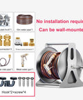 No Fuss Stainless Steel Garden Hose Reel Slick Wall Mounted Retracting Cart With 30 Foot Hose and Heavy Duty Trigger Sprayer parts display