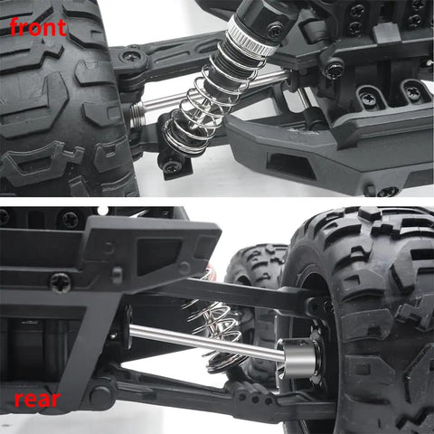 Front and rear view of RC truck with Beefy 4 Piece RC Front And Rear CVD Driveshaft Set for One Sixteenth Scale Trucks.