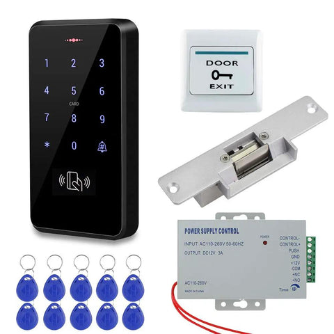 Outdoor RFID Access Control Kit With Keypad And NC Fail Safe Electric Strike Lock IP68 Waterproof DC12V Power Supply 10 EM4100 125KHz Keyfobs Supports 3000 Users Card Or Password Or Card Plus Password Backlit Touch Screen with keypad, strike lock, exit button, power supply, and blue keyfobs.
