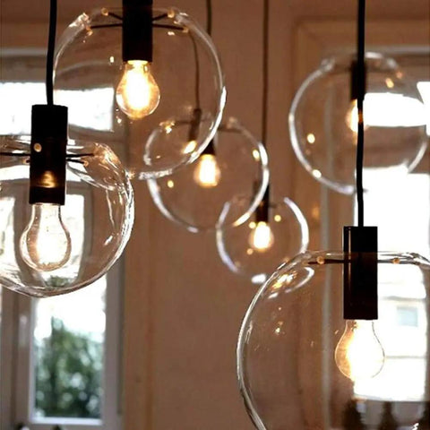 Cluster of Industrial Clear Glass Globe Pendant Light With E27 Socket, Modern Kitchen Loft Fixture, 9.8 Inch Shade, illuminated indoors