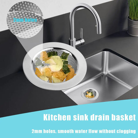 Universal Three In One Kitchen Sink Stopper Strainer Set With Stainless Steel Basket Drain Filter in use, trapping scraps