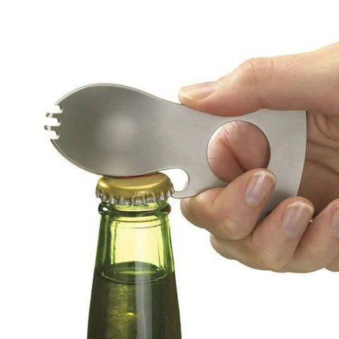 Multifunction Camping Spoon Fork Tool With Bottle Opener And Wrenches, Stainless Steel 3Cr13, used to open a bottle cap