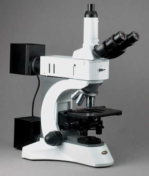 Trinocular Metallurgical Microscope With Episcopic And Diascopic Viewing, Pro Grade Optical System, Seven Magnification Settings Up To 2000X, Infinitive Plan Achromatic Optics, 100W Epi And Transmitted Halogen Illumination, Lab Ready white lab microscope with binocular head and stage