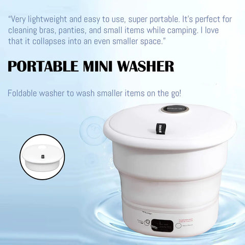 White foldable portable mini washer for camping and RV life, shown expanded with compact bucket design for small spaces travel use.