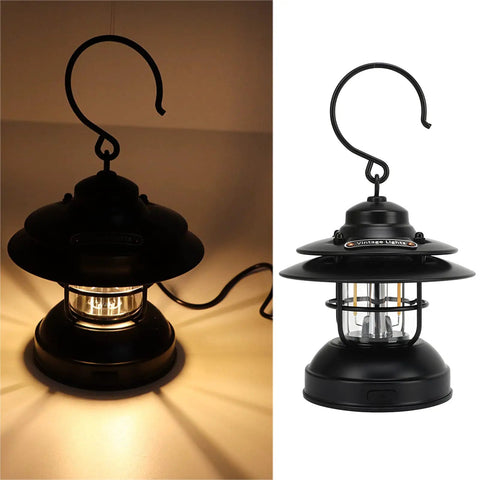 Retro LED Camping Lantern Portable Hanging Light With Dual Power Supply IPX4 Waterproof Adjustable Brightness 35 To 100 Lumens