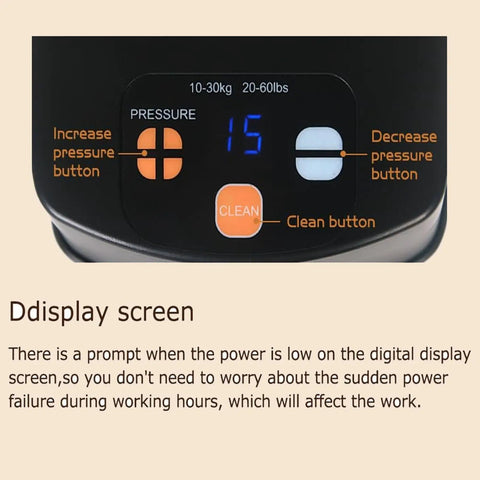Digital display of Automatic Coffee Tamper With Auto Position Sensor For Flawless Espresso Pucks Featuring Adjustable Pressure From 22 To 66 Pounds Plus Fast Depth Tweaks.