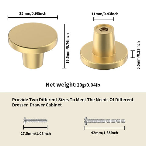 Gold Brass Drawer Knobs 25mm 1 Inch 6 Pack Round Cabinet Hardware for Kitchen and Dresser Cabinets with screw sizes