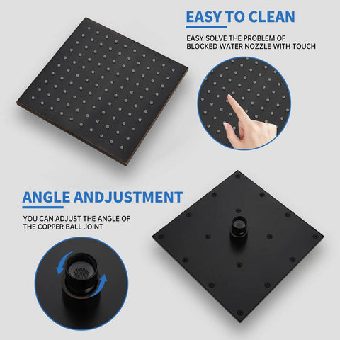 Oil Rubbed Bronze Bath Faucet Set With High Pressure 8-Inch Square Rain Shower Head showing easy cleaning and angle adjustment