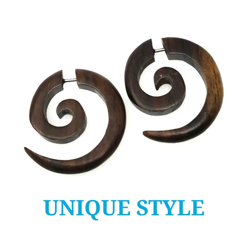 Boho Organic Wooden Earrings For Pierced Ears, Natural Brown Wood Faux Plugs And Tapers with Emo Goth Punk Spiral Style