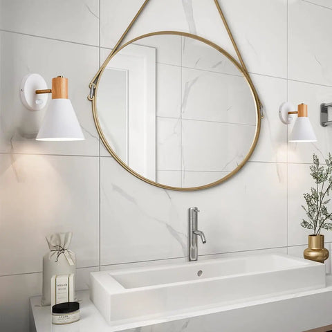 Modern bathroom with White Wood Wall Sconce Set Of 2 Adjustable Reading Lamps Dope Nordic Style Wall Lights for soft ambience.
