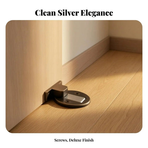 Heavy Duty Floor Door Catch Black Keeps Doors From Slamming Shut with a deluxe finish and secure base plate on wooden floor.