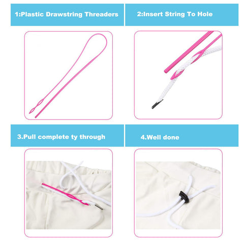 Plastic drawstring threader from All In One 8 Piece Drawstring Threader Tool Set For Sewing Must Have Rope Threading Kit showing threading steps.