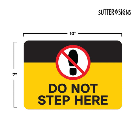 Do Not Step Here Sticker 4 Pack Self Adhesive Vinyl Safety Stickers For Pools Boats And Worksites Waterproof 10 By 7 Inches High Visibility Warning Stickers For Wet Environments Anywhere, showing vinyl sticker with do not step symbol.