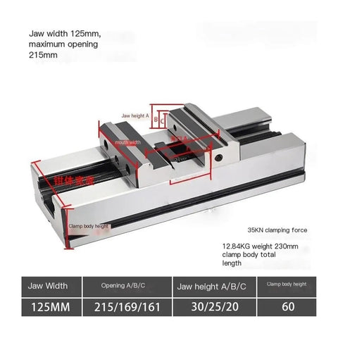 Top Shelf Heavy Duty Self Centering Bench Vise Featuring 5 Inch Concentric Parallel Jaws Built For Smooth CNC Fixture Setup And Rock Solid Pipe Clamping Daily, showing jaw size and clamping details.