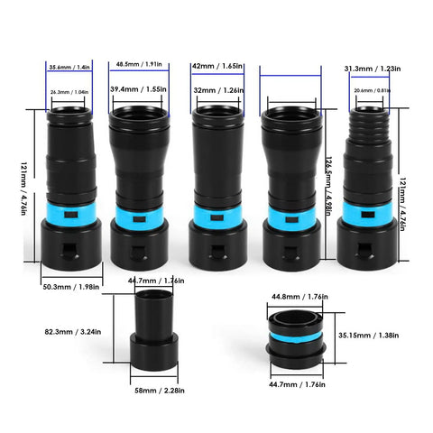 Gowenic 7 Piece Dust Collection Hose Adapter Kit With Quick Connectors For Shop Vacs And Power Tools, various adapter sizes displayed.