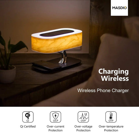 Tree Of Aura Smart Bedside Lamp With Wireless Charging, Bluetooth Speaker, on a wooden nightstand in a bedroom setting