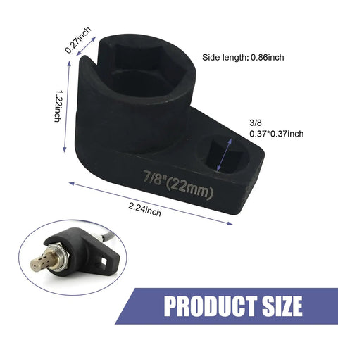 Offset Oxygen Sensor Socket 3/8 Drive 7/8 Inch 22mm 6-Point O2 Sensor Wrench Tool, dimensions displayed, black steel construction.
