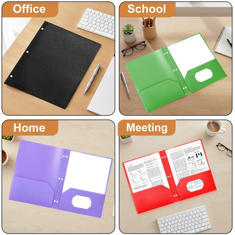 Six Pack 3 Hole Pocket Folders With Card Slots For 3 Ring Binders Colorful 2 Pocket Plastic File Folders in office, school, home, meeting settings