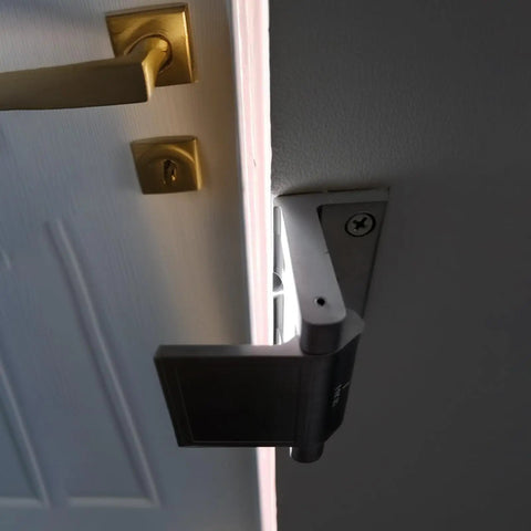 Built Tough Door Security Lock Zinc Alloy Reinforcer Plate Kick Proof Privacy Latch For In Swinging Doors view showing installation detail.