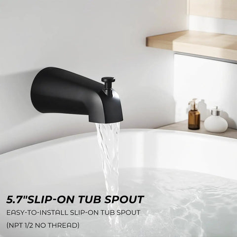 Top Shelf 8 Inch Square Rainfall Shower Head And Matte Black Faucet Set With Tub Spout showing 5.7" slip-on spout pouring water.