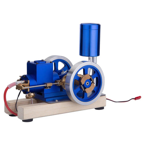 Water Cooled Hit And Miss Engine Model For Teens 14 Plus A Vintage Style Science Kit With Base Fuel Tank Piping And Hands On Activation For Realistic STEM Learning, blue metal engine on wooden base