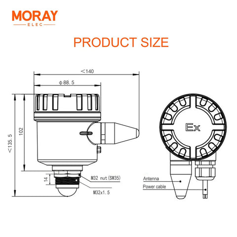 Technical drawing of the Smart WiFi Radar Level Sensor for Water Tank and Oil Tank, showing size and components.