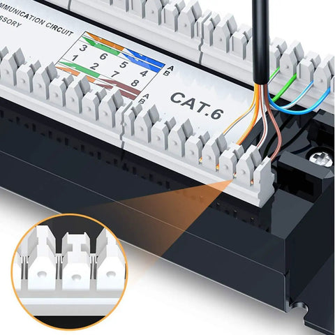Close-up of Cat6 12 Port Unshielded Patch Panel with color-coded ports and punch down tool for easy network setup.