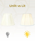 Deep Empire Gather Pleat Lamp Shade In Antique Gold Silk Type Shantung Fabric With Off White Lining Easy Install unlit and lit view