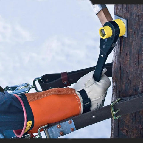 Six In One Lineman's Ratcheting Wrench With Bolt Through Design And Bright Yellow Socket used on utility pole hardware