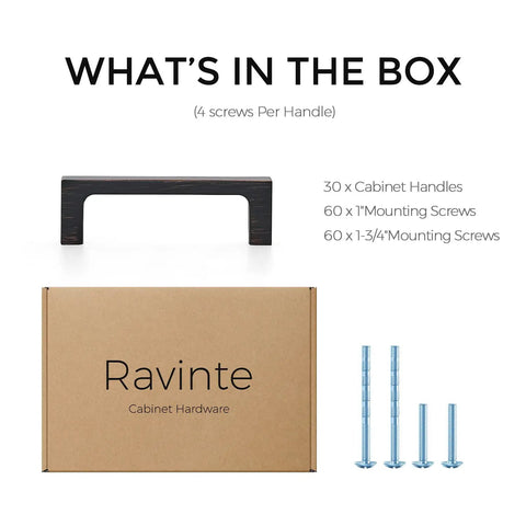 What's in the box for 30 Pack Solid 3 Inch Square Cabinet Handles Boss Look Oil Rubbed Bronze Drawer Pulls with screws and packaging