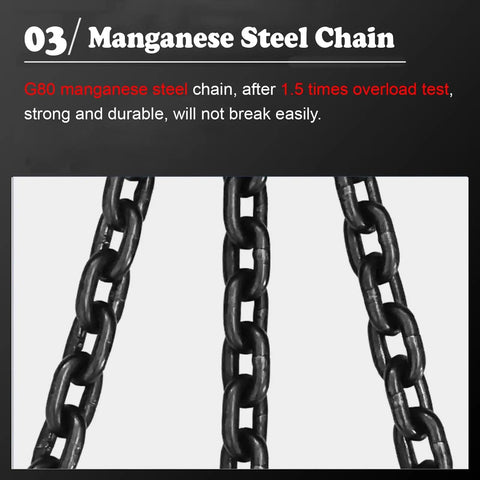 Heavy Duty Workhorse Two Leg Chain Sling With Grade Eight Hooks For Real World Industrial Lifting Custom Length Up To Thirty Ton Capacity For Warehouse Rigging, close-up of G80 manganese steel chain.