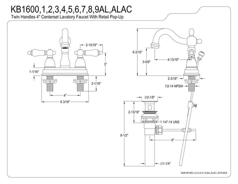 Technical drawing of Heritage Classic 4-Inch Centerset Lavatory Faucet With Metal Lever Handle In Polished Brass, dimensions indicated